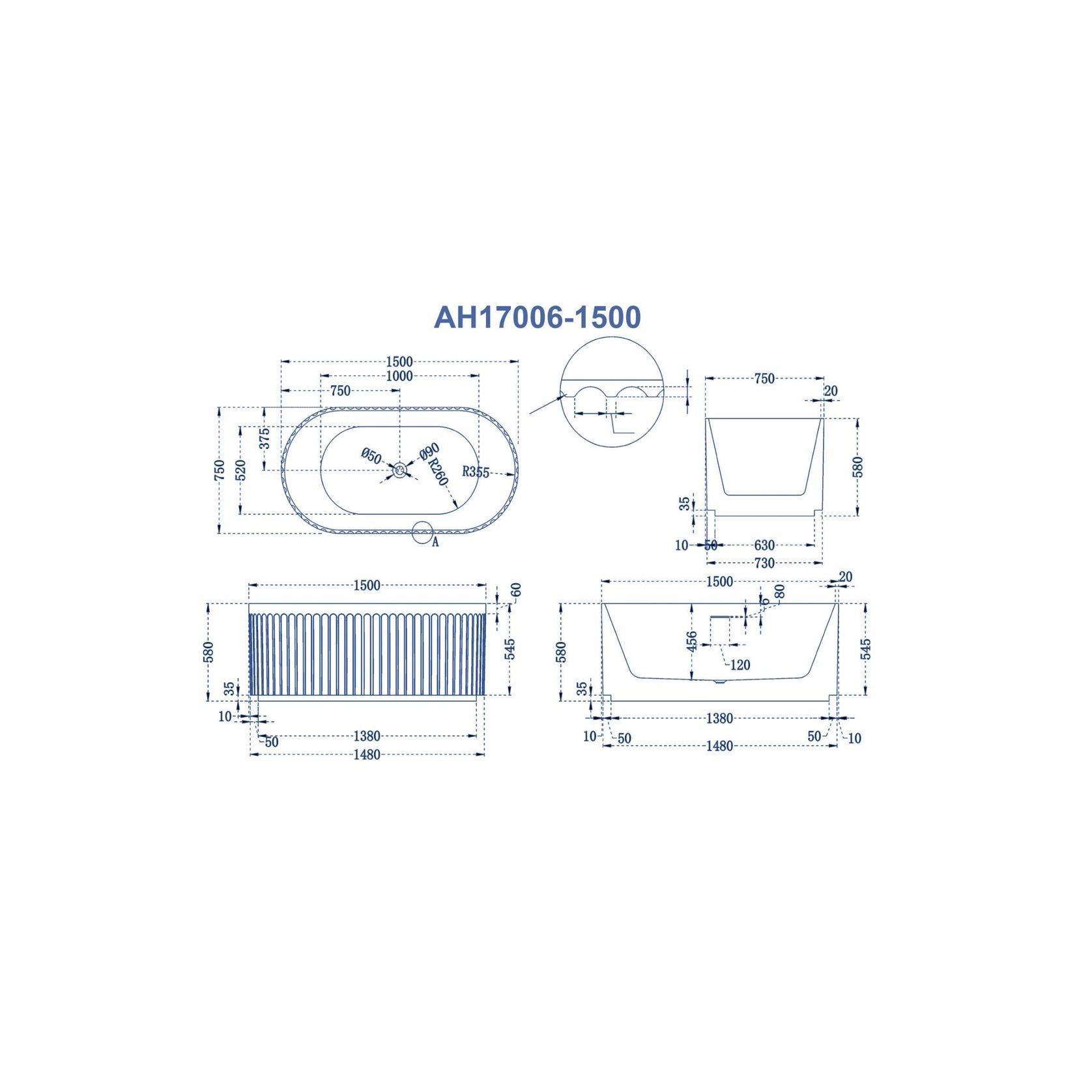 Left Corner Fluted Bathtub 1500mm gallery detail image