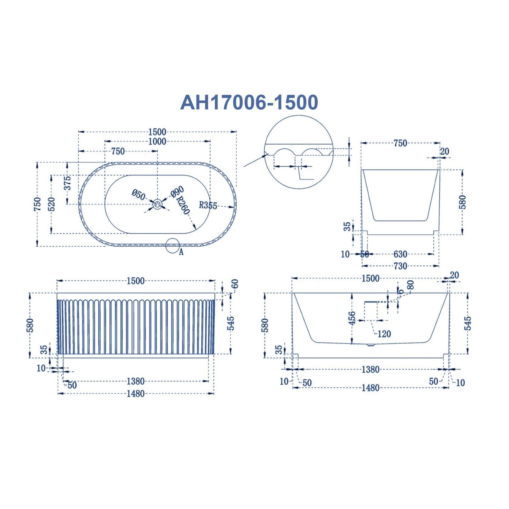 Freestanding Fluted Bathtub 1500mm gallery detail image
