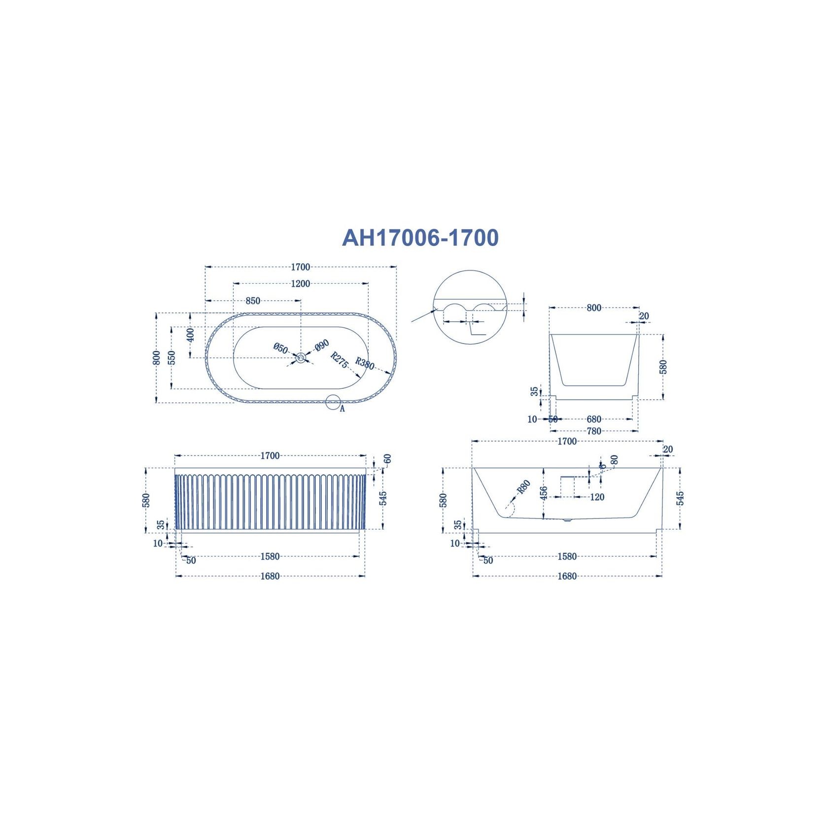 Right Corner Fluted Bathtub 1700mm gallery detail image