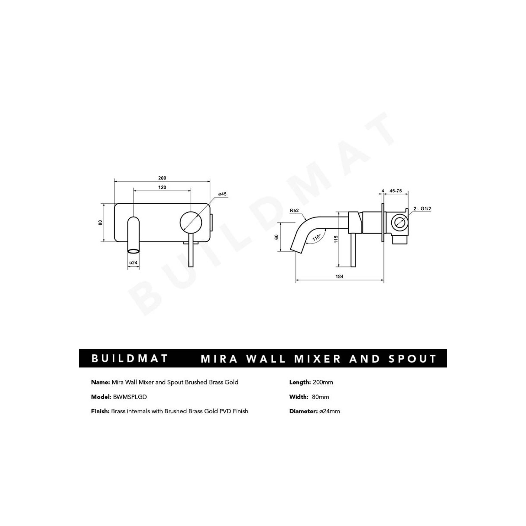 Mira Brushed Brass Gold Wall Mixer and Spout gallery detail image