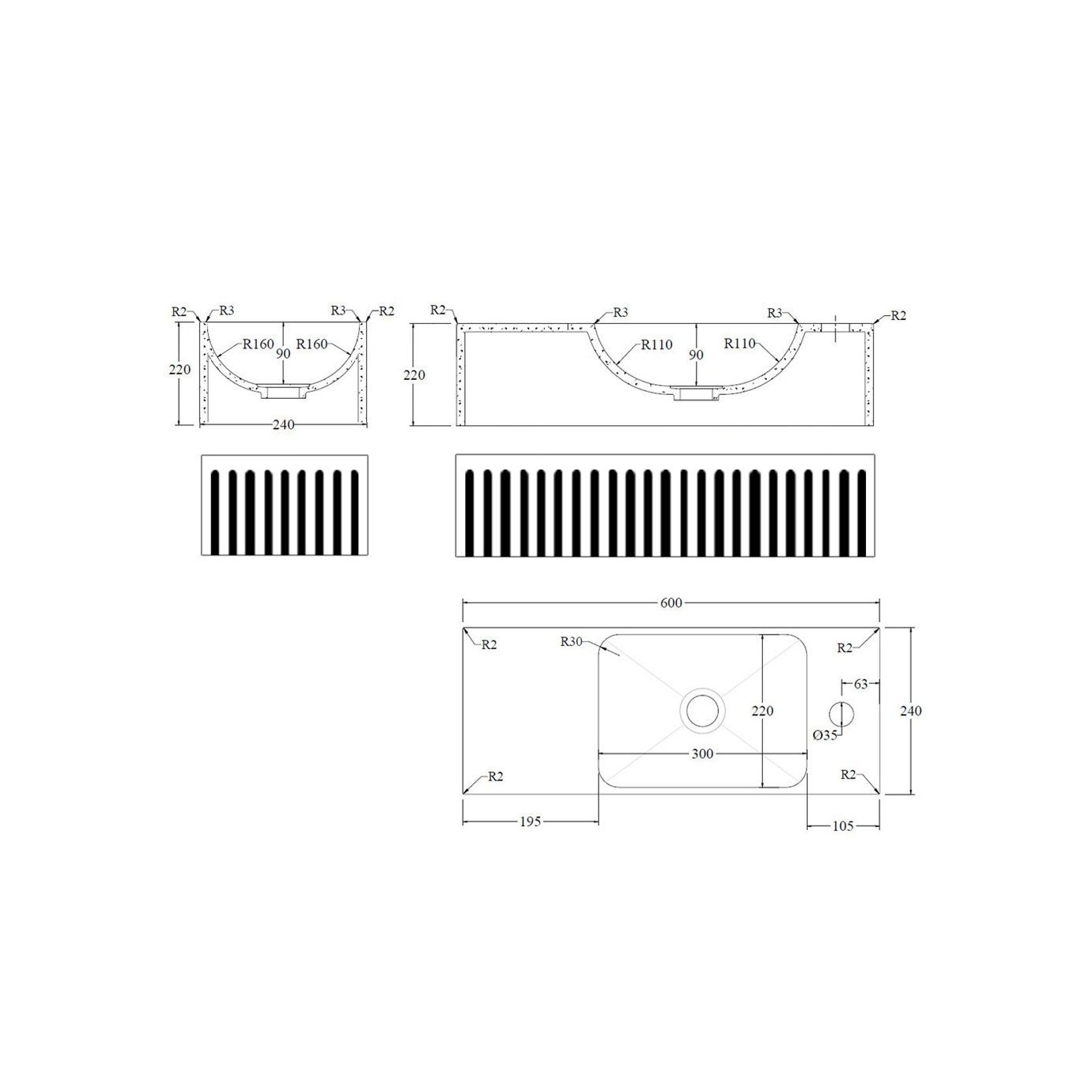 BARE Concrete Fluted Wall Basin gallery detail image