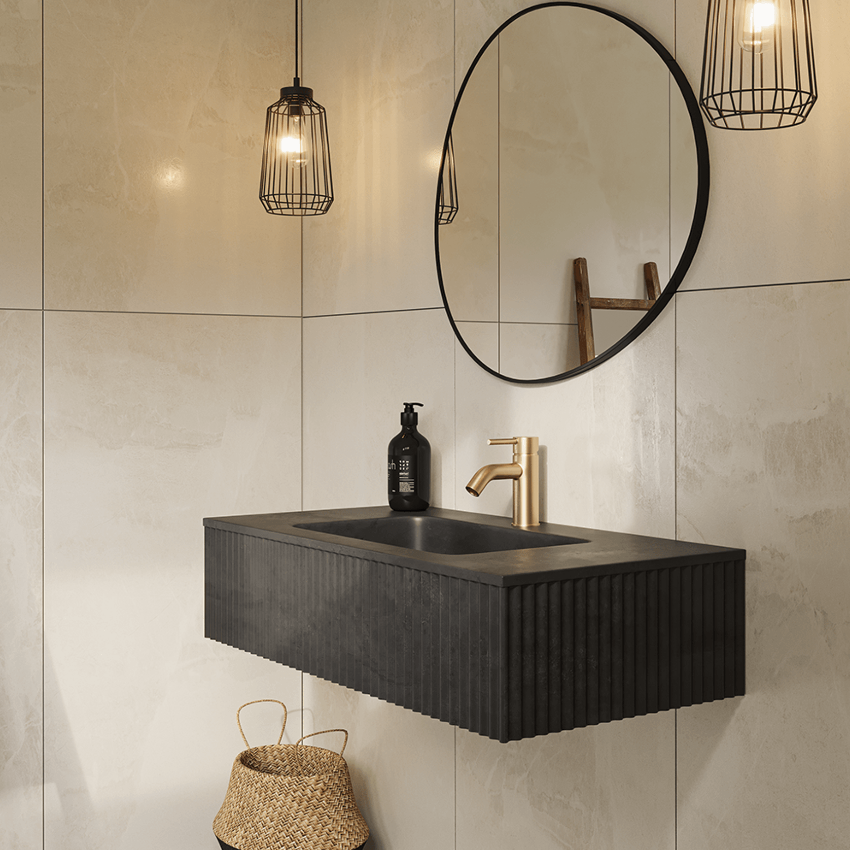 BARE Concrete Fluted Wall Basin 755mm gallery detail image