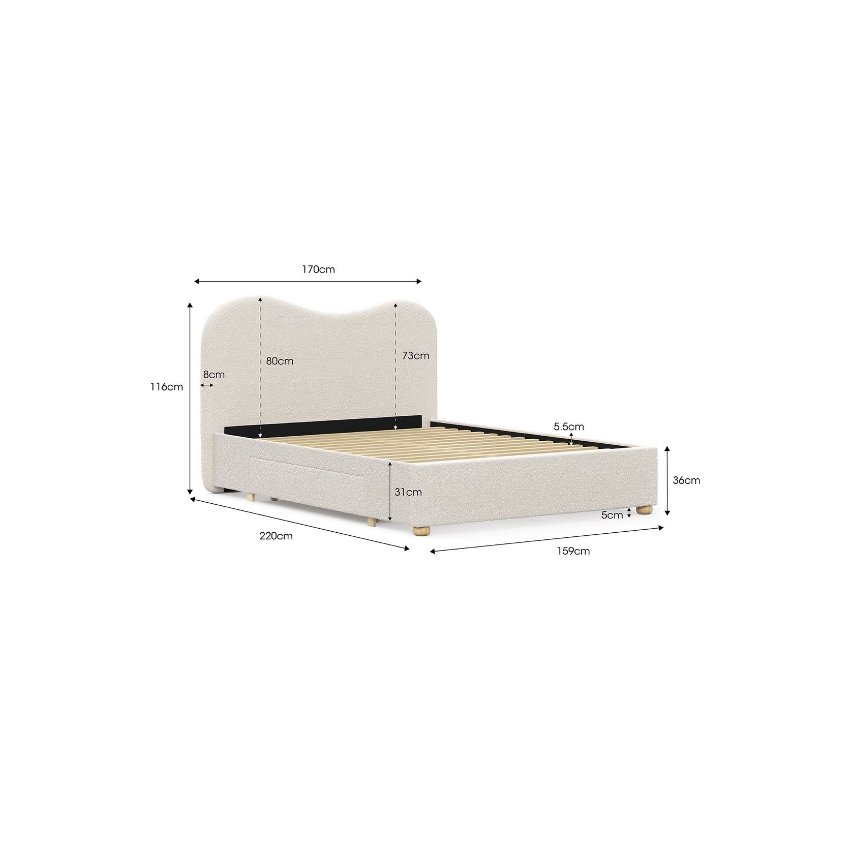 Aira Queen 2 Drawer Storage Bed Frame | Cream Boucle gallery detail image