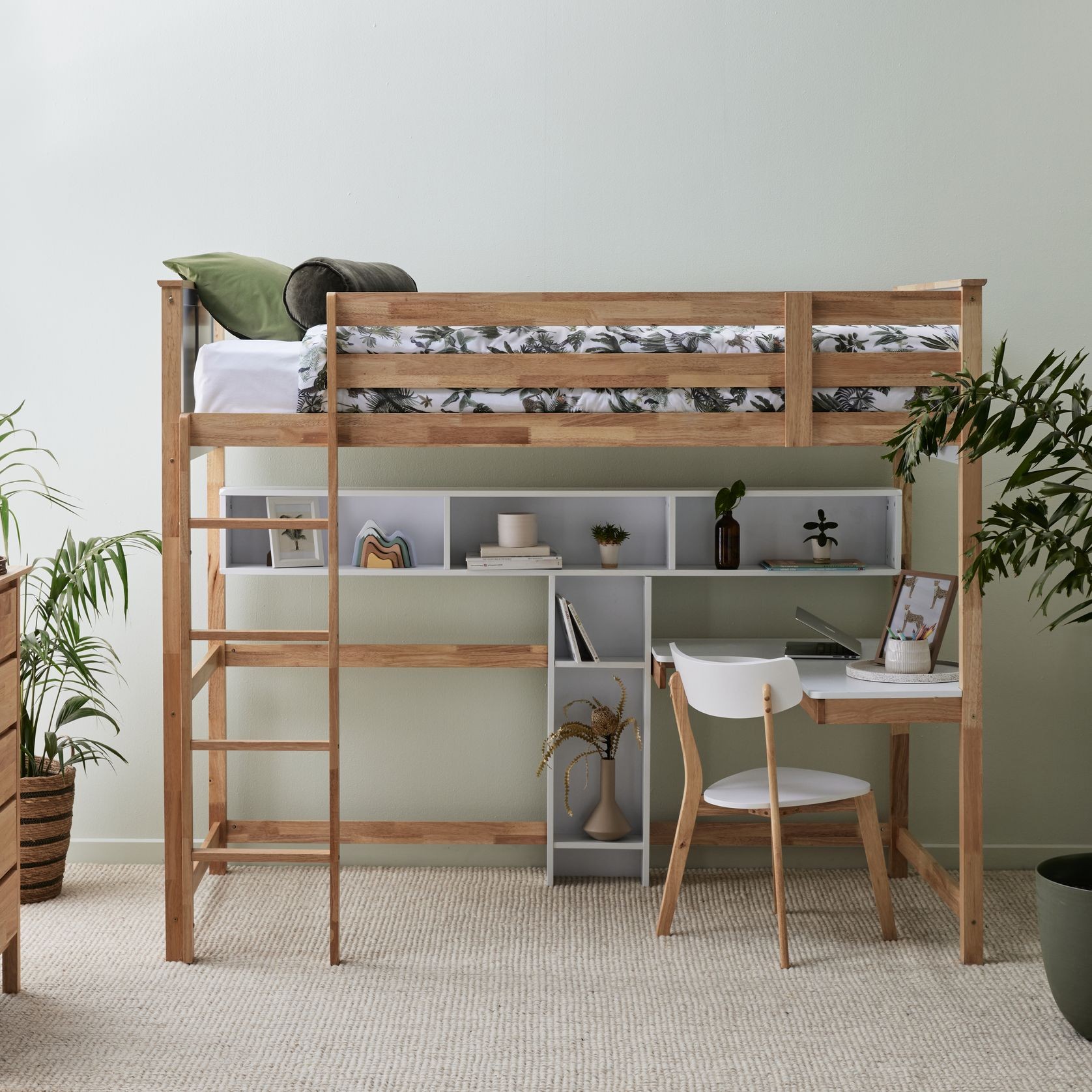 Buddy King Single Loft Bed with Desk and Shelves | Natural Hardwood Frame gallery detail image