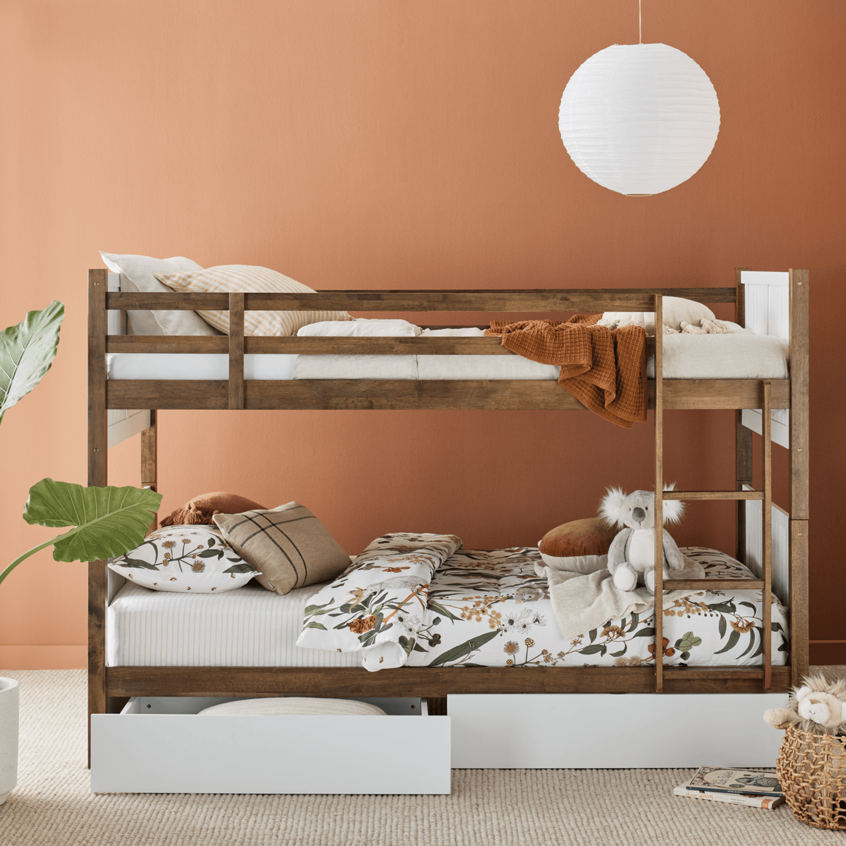 Myer King Single Bunk Bed with Storage Walnut & White ArchiPro AU
