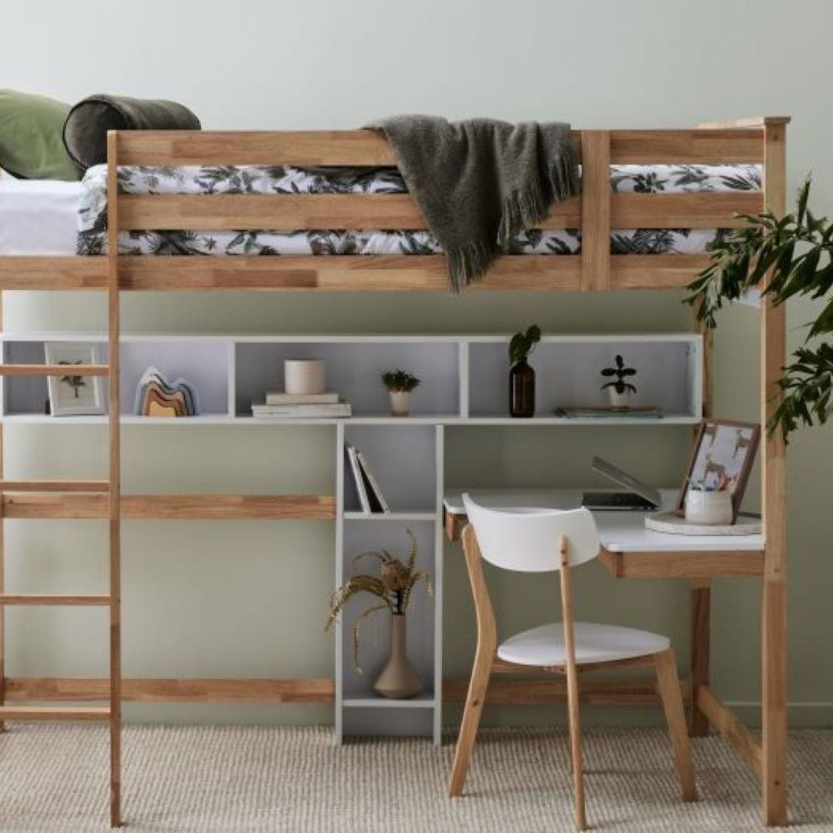 Buddy King Single Loft Bed with Desk and Shelves | Natural Hardwood Frame gallery detail image