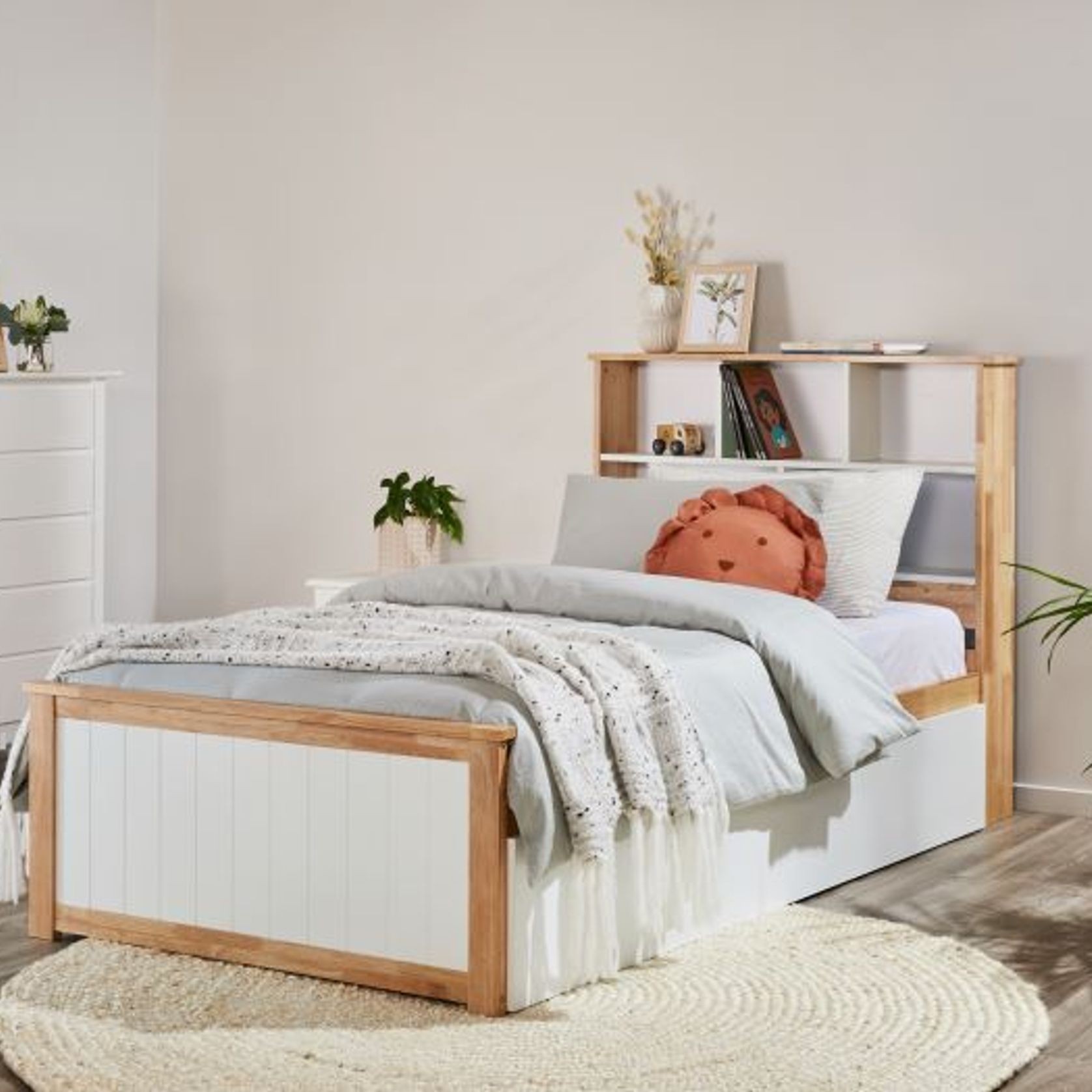 Myer Single Bed with Storage Natural Hardwood Frame ArchiPro AU