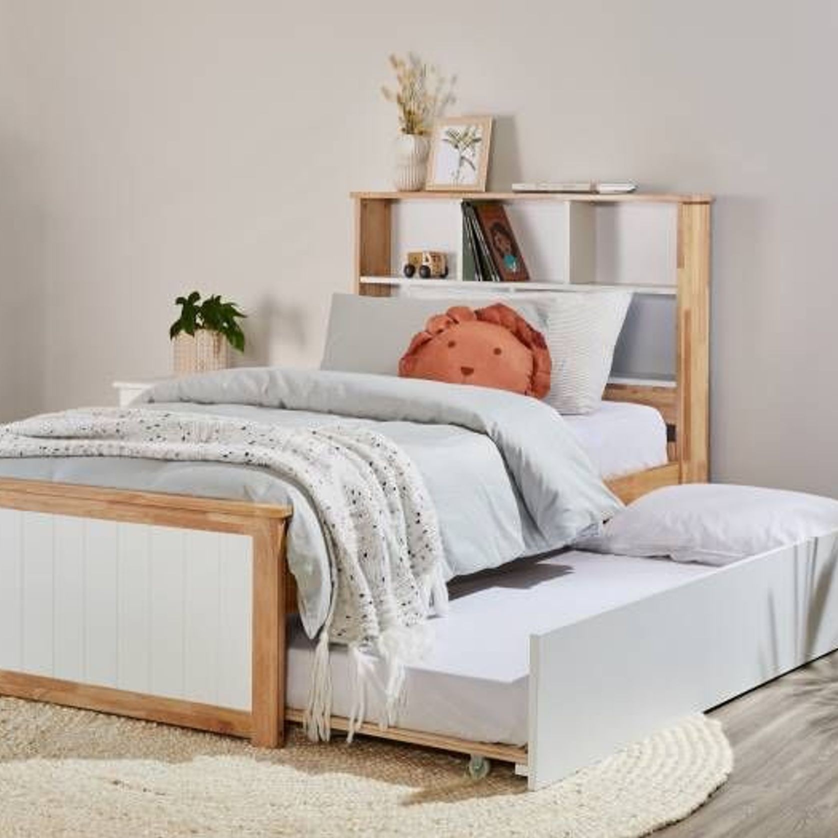 Myer Single Bed with Trundle Natural Hardwood Frame ArchiPro AU