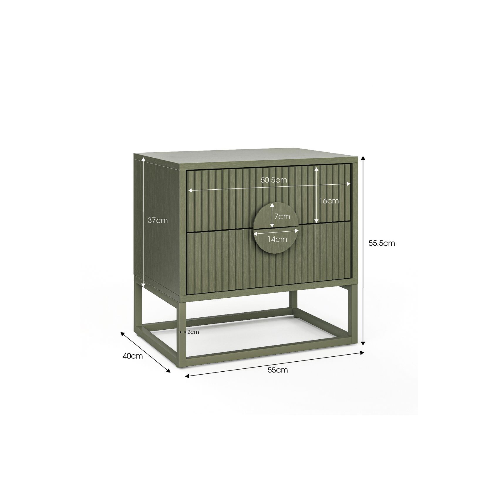 Braxton 2 Drawer Ripple Slatted Bedside Table | Olive Green gallery detail image