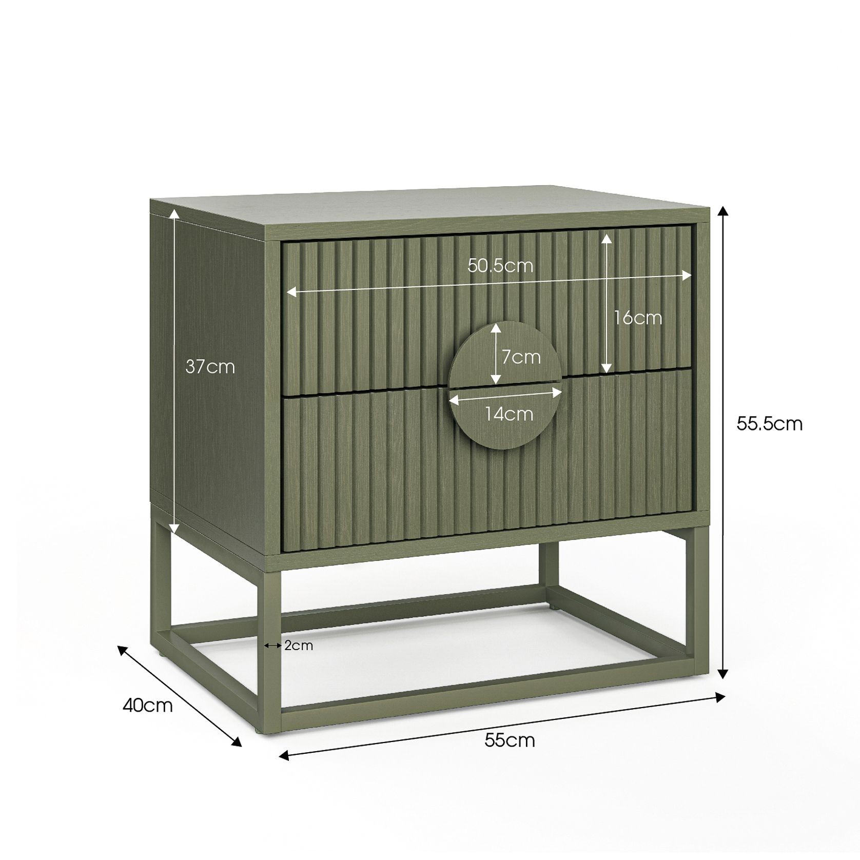 Braxton 2 Drawer Ripple Slatted Bedside Table | Olive Green gallery detail image