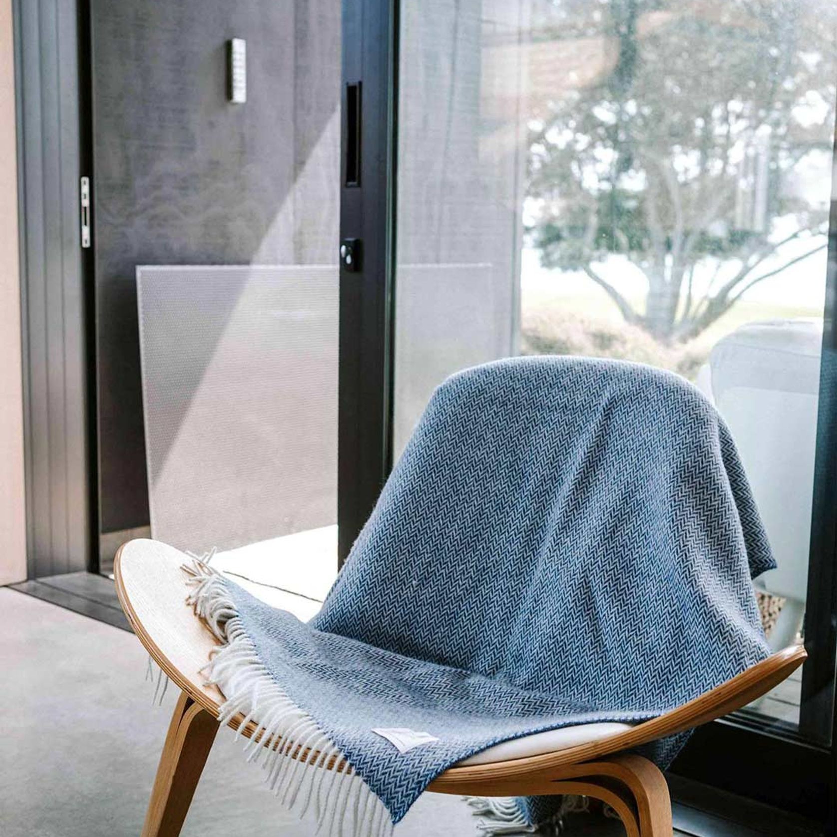 Ruanui Station Lambswool Throw - Blue Cliffs Blue Chevron gallery detail image