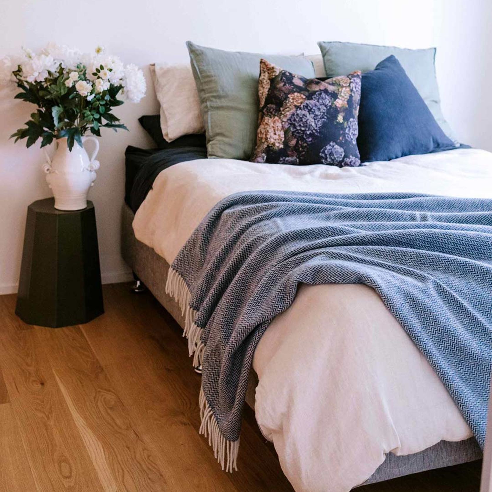 Ruanui Station Lambswool Throw - Blue Cliffs Blue Chevron gallery detail image