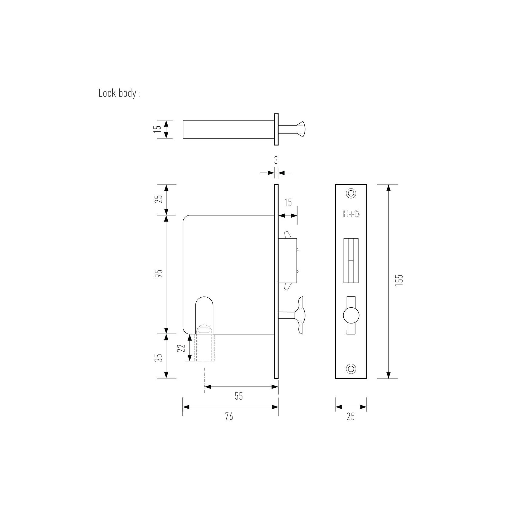 HB690 170mm Sliding Door Privacy Lock – 55mm Backset gallery detail image