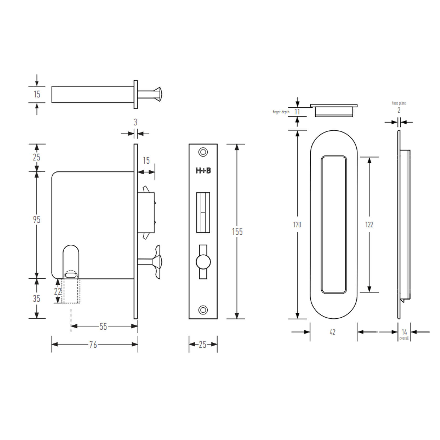 HB890 Brass Soft Edge Privacy Lock for Sliding Doors gallery detail image