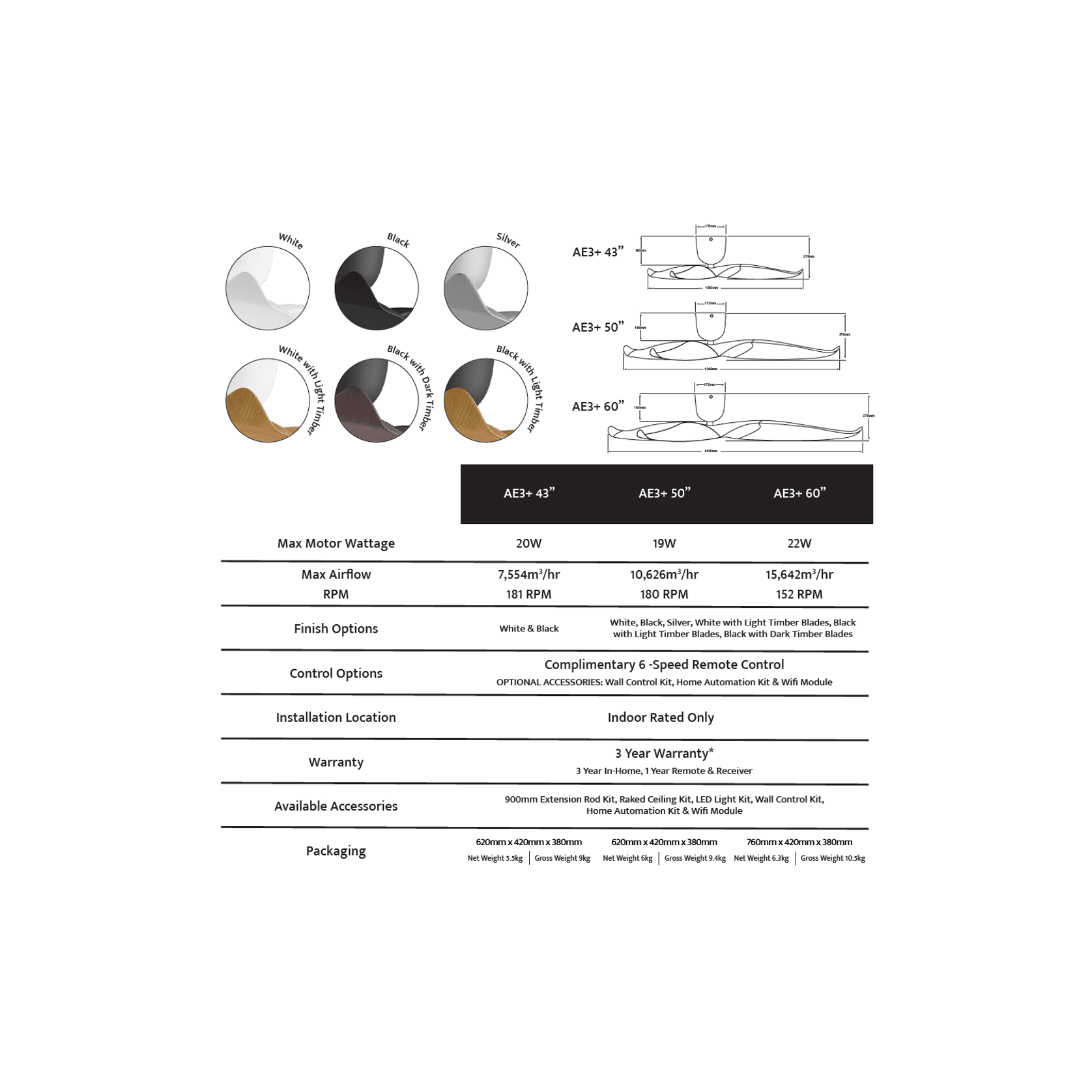 Aeratron AE3+ Ceiling Fan (Black / White / Timber) gallery detail image