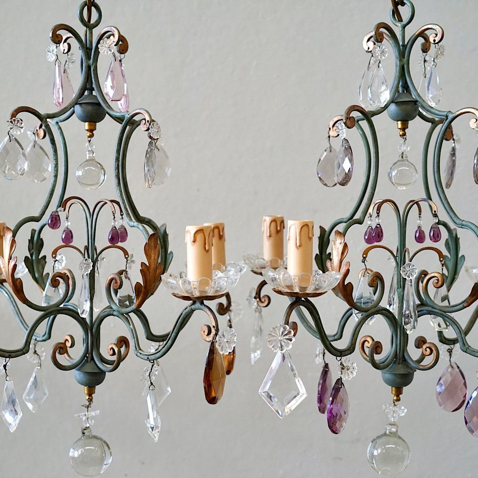 French Wrought Iron & Glass Chandeliers (pair) gallery detail image