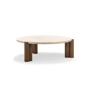 Amaya 110cm Round Travertine Coffee Table | Cream & Brown Oak gallery detail image