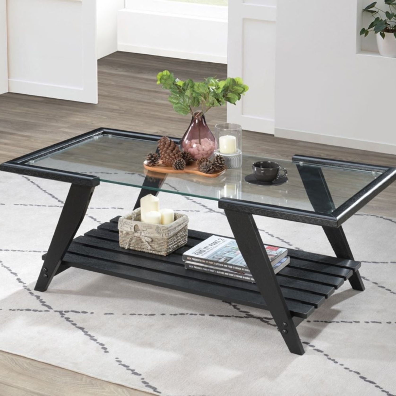 Myer Glass Top Coffee Table | Black Hardwood Frame gallery detail image