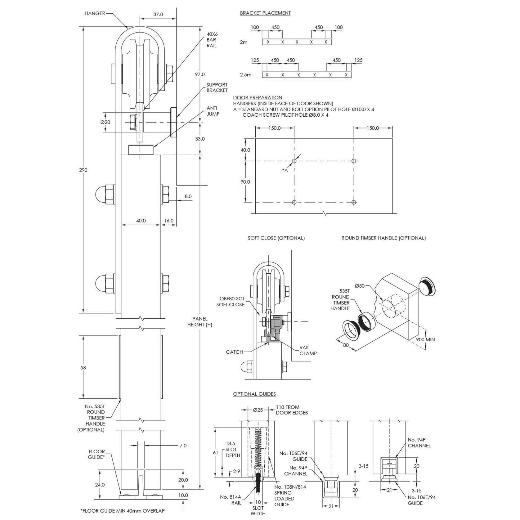 Brio Open Bar Rail Timber 80 2000mm Stainless Steel For Top Hung Straight Sliding Panels OBF80-20 gallery detail image