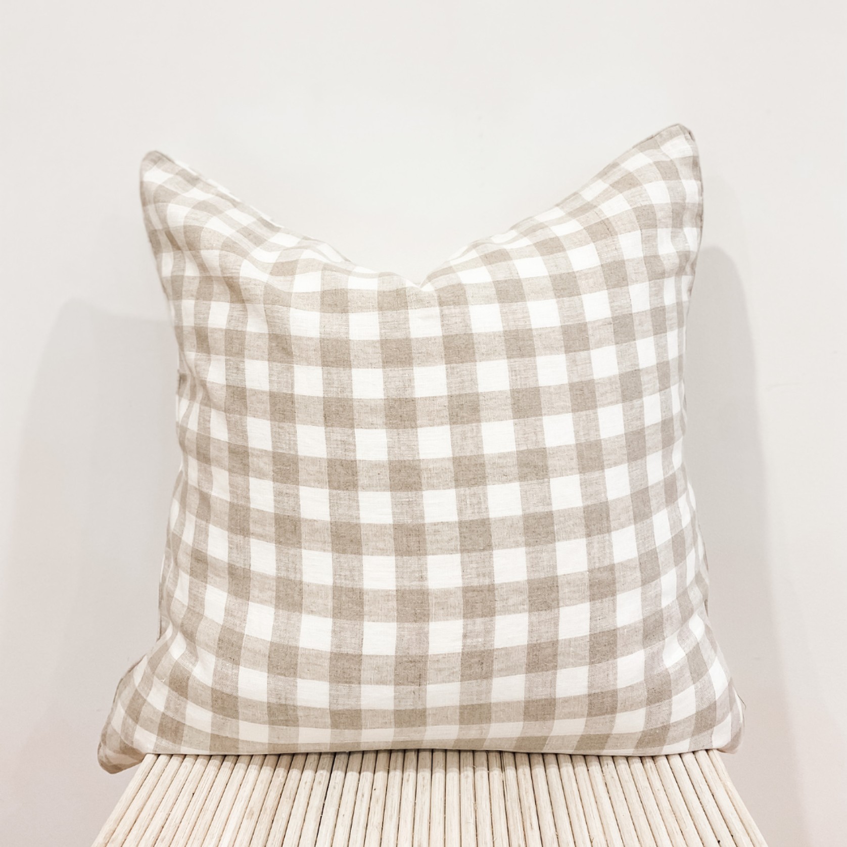 100% French Flax Linen Feather filled Cushion- Natural Gingham gallery detail image