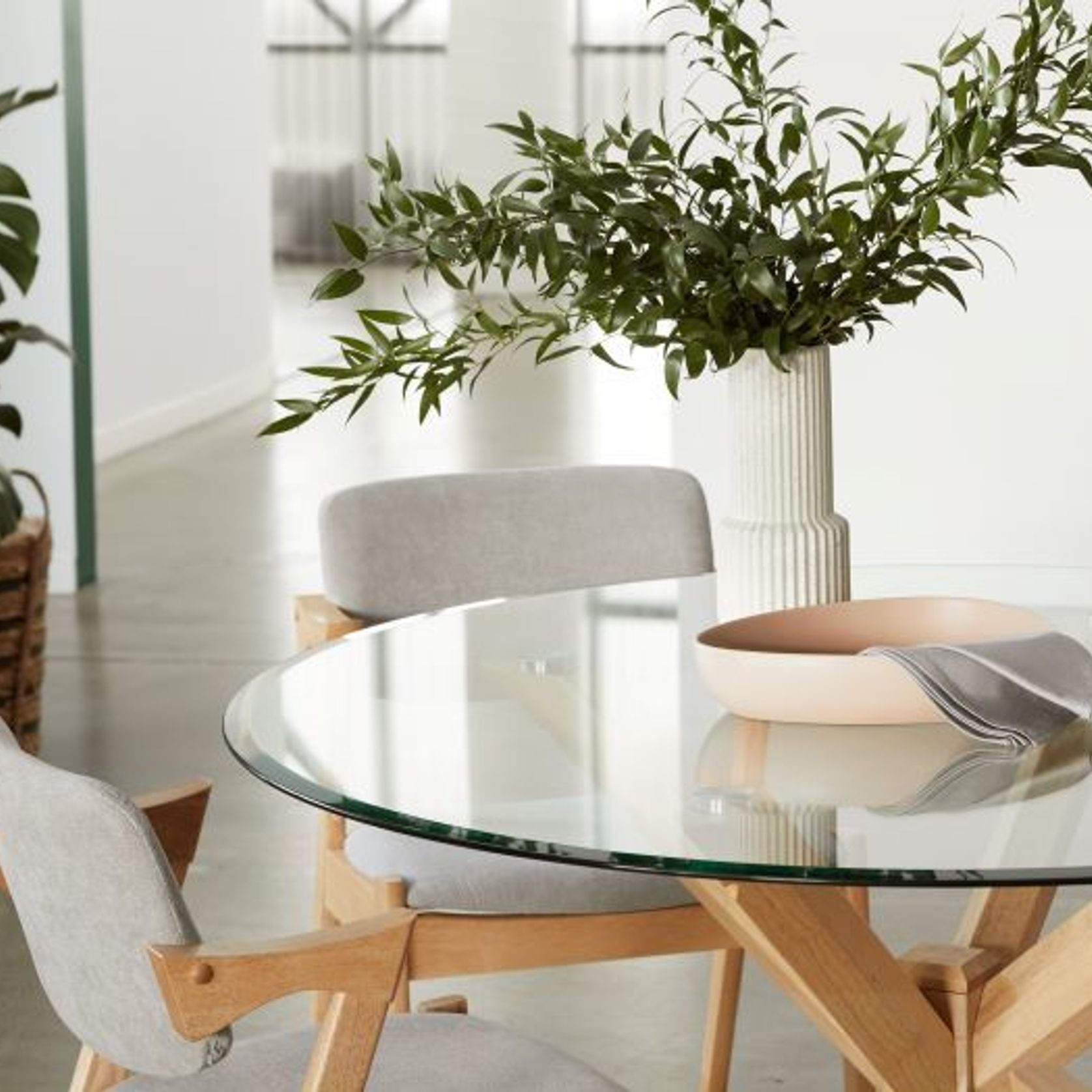 Bella Round Glass Dining Table| Natural Hardwood Frame gallery detail image
