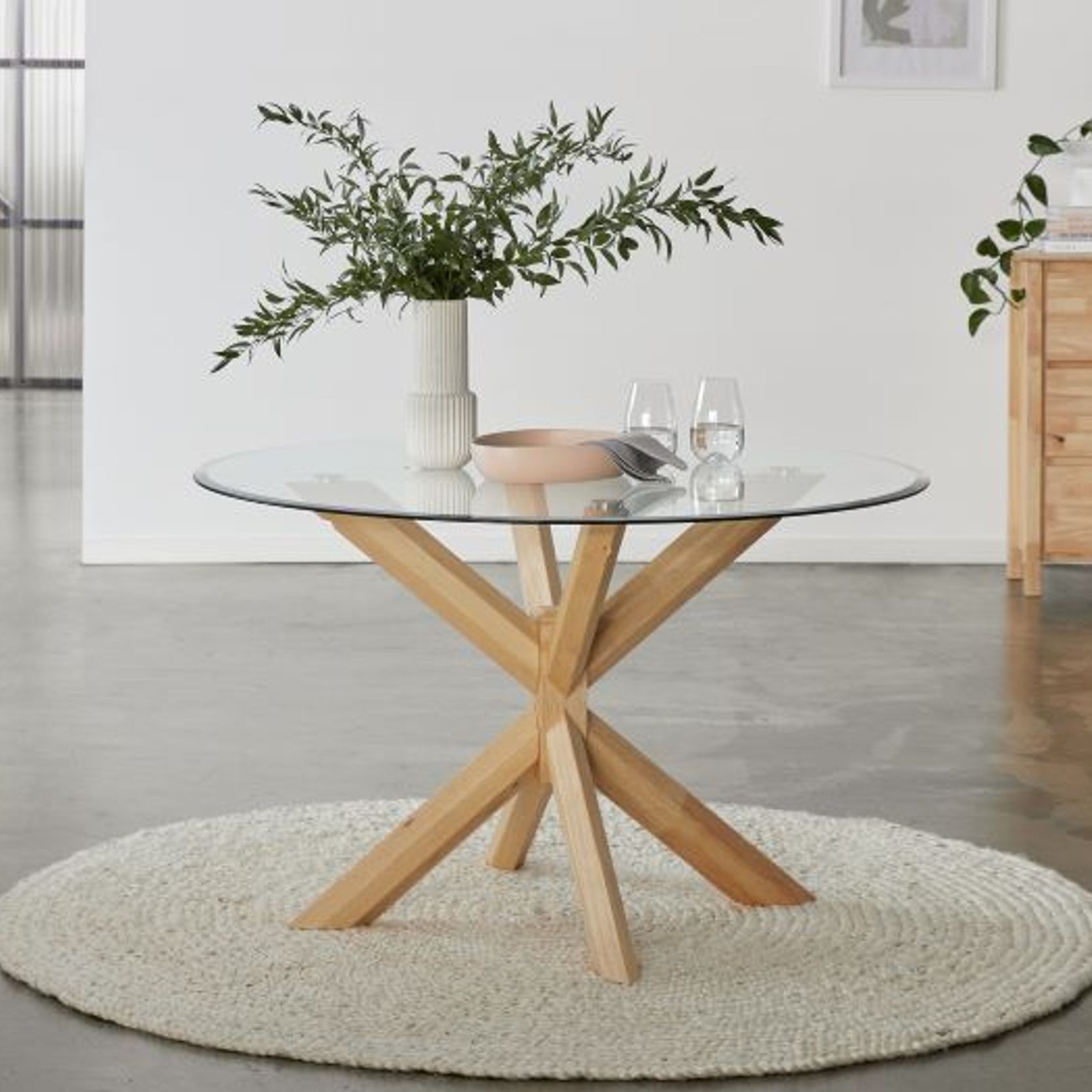 Bella Round Glass Dining Table| Natural Hardwood Frame gallery detail image
