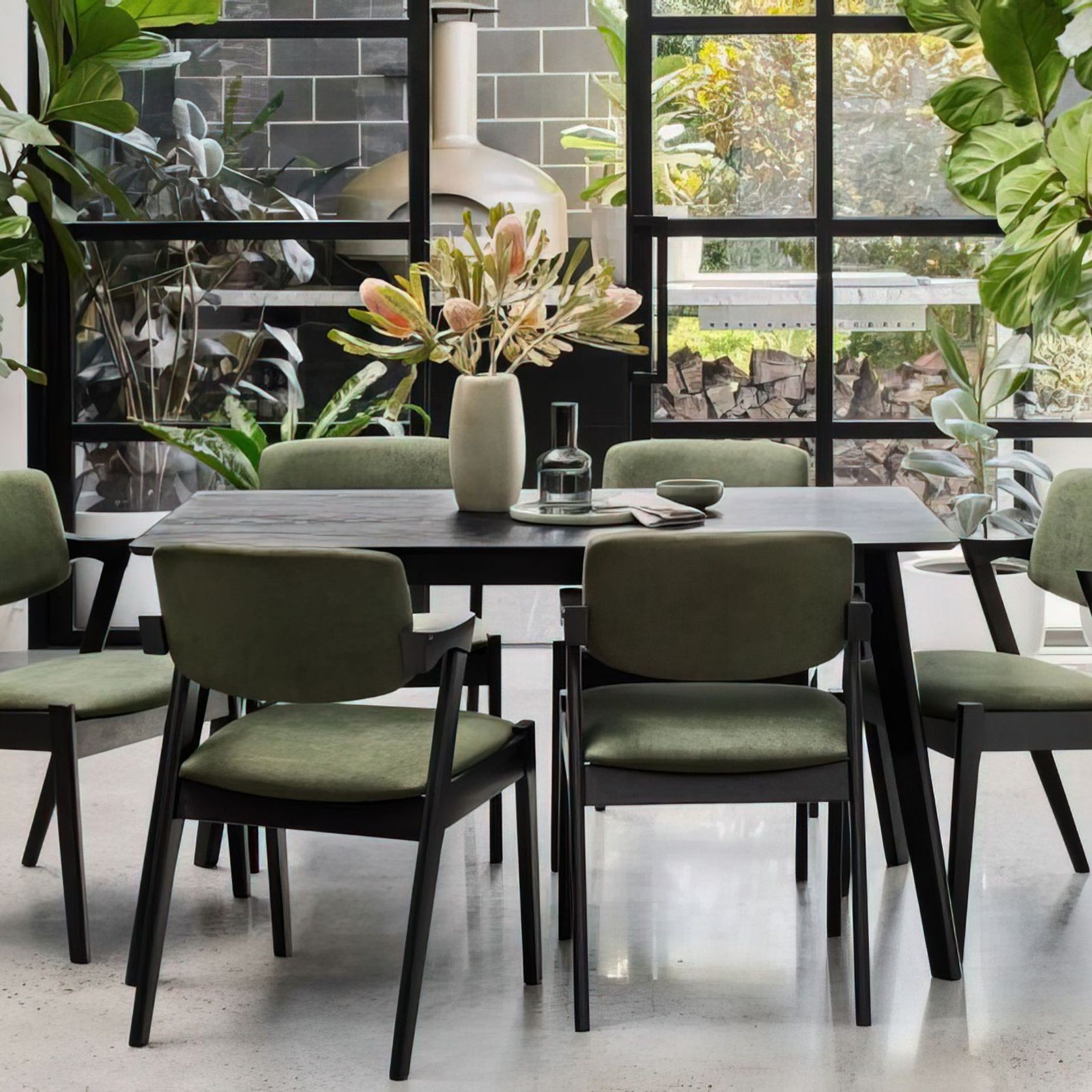 Cannes 7PCE Hardwood Black Dining Set | Green Fabric gallery detail image