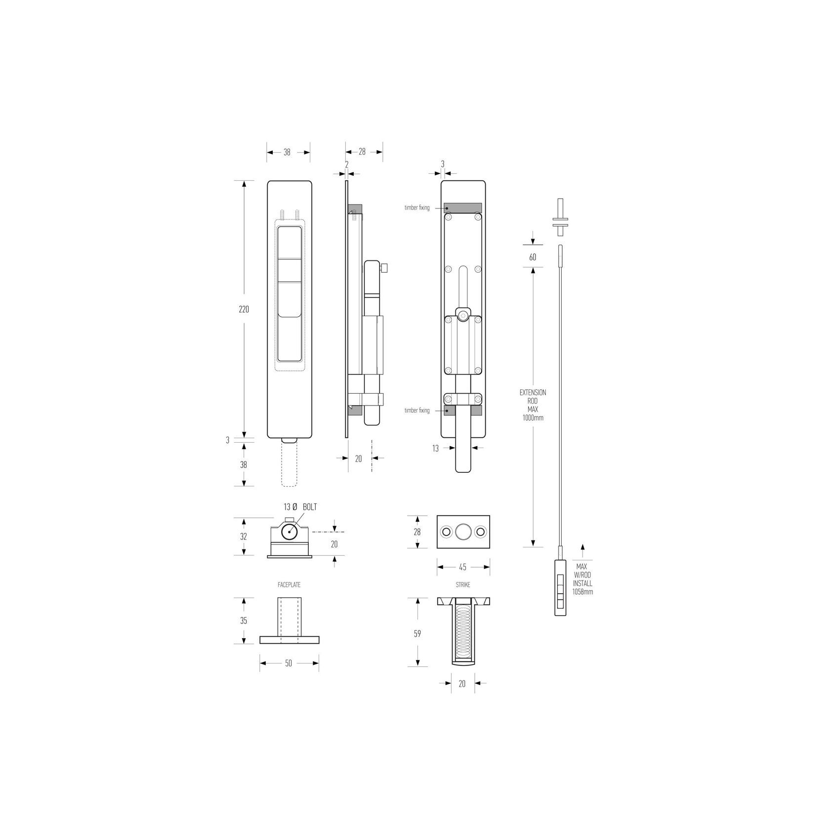 HB1820 Flush Bolt (Round Throw) gallery detail image