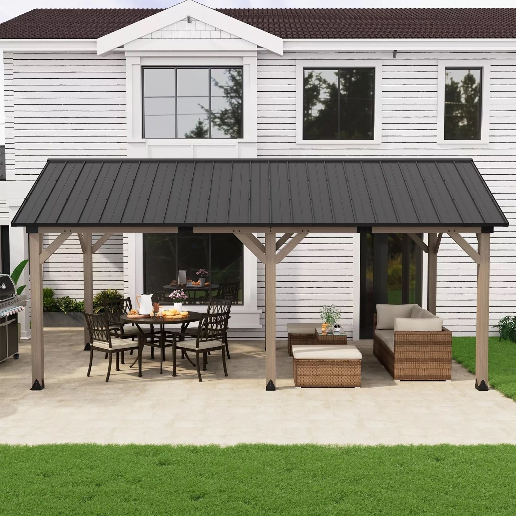 Cedar Wood Patio Gazebo with Black Hard Top Roof gallery detail image