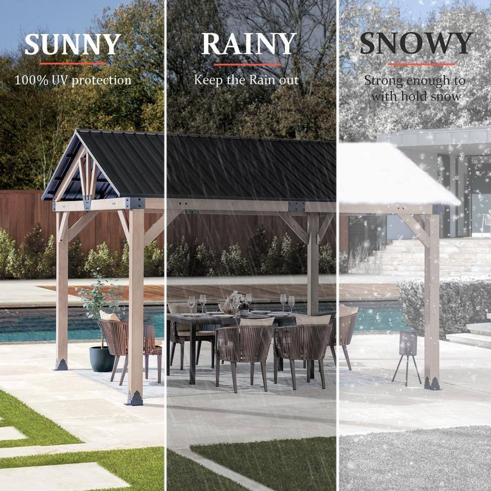 Cedar Wood Patio Gazebo with Black Hard Top Roof gallery detail image