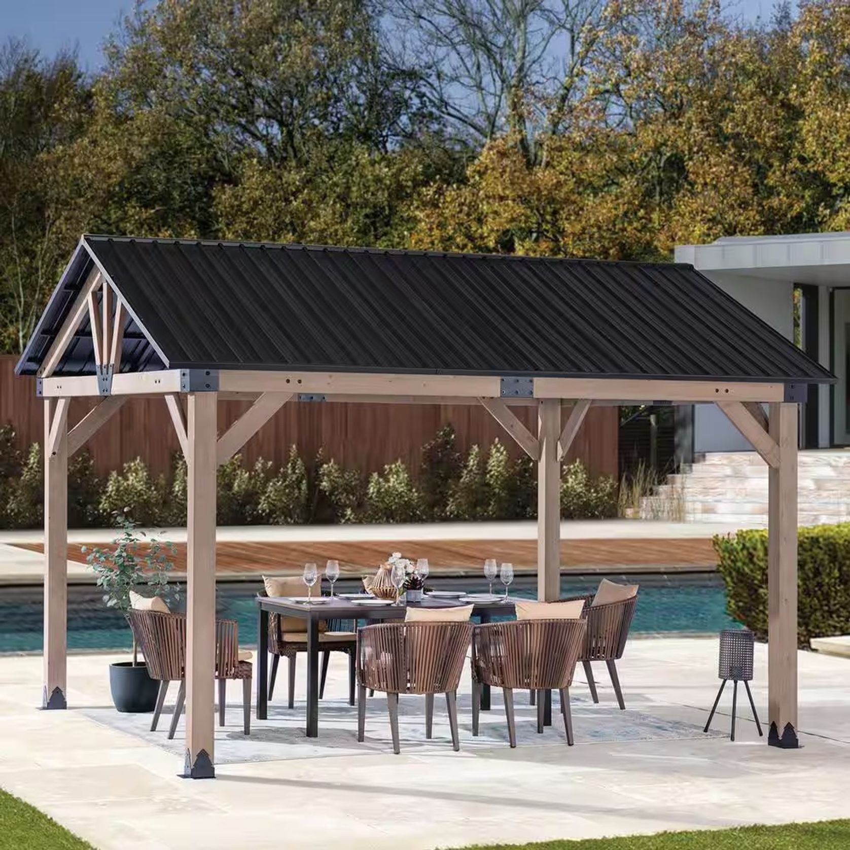 Cedar Wood Patio Gazebo with Black Hard Top Roof gallery detail image