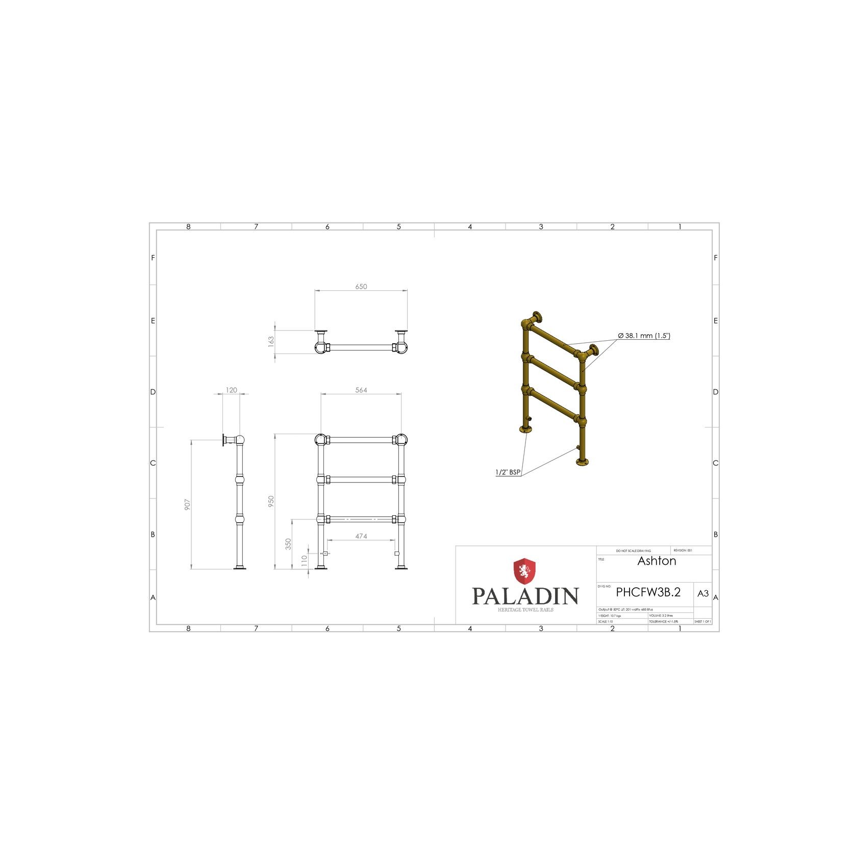Paladin 3 Bar Ashton Towel Rail (Antique Bronze) gallery detail image