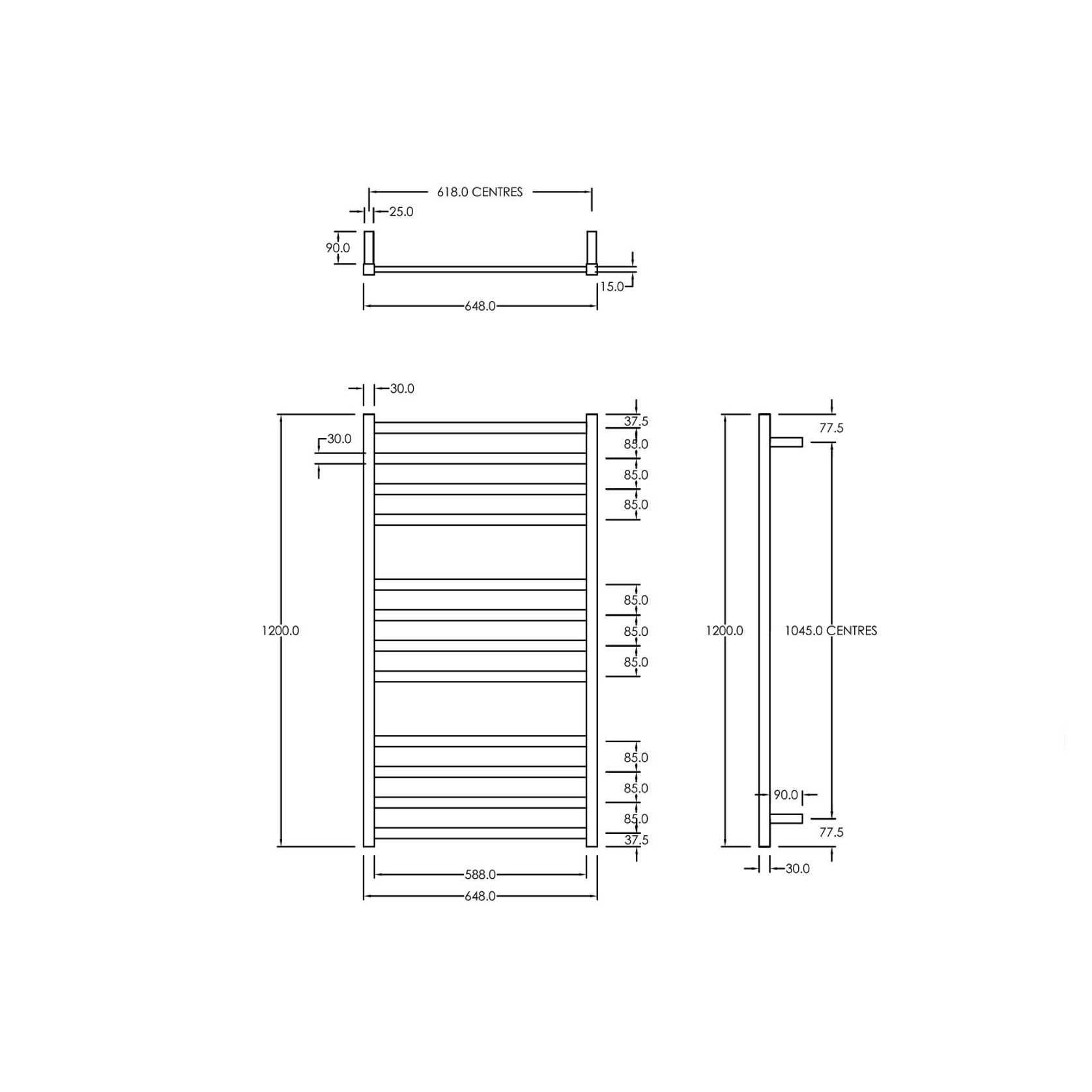 Square Towel Rail 240V 1200 x 650mm Satin Black gallery detail image