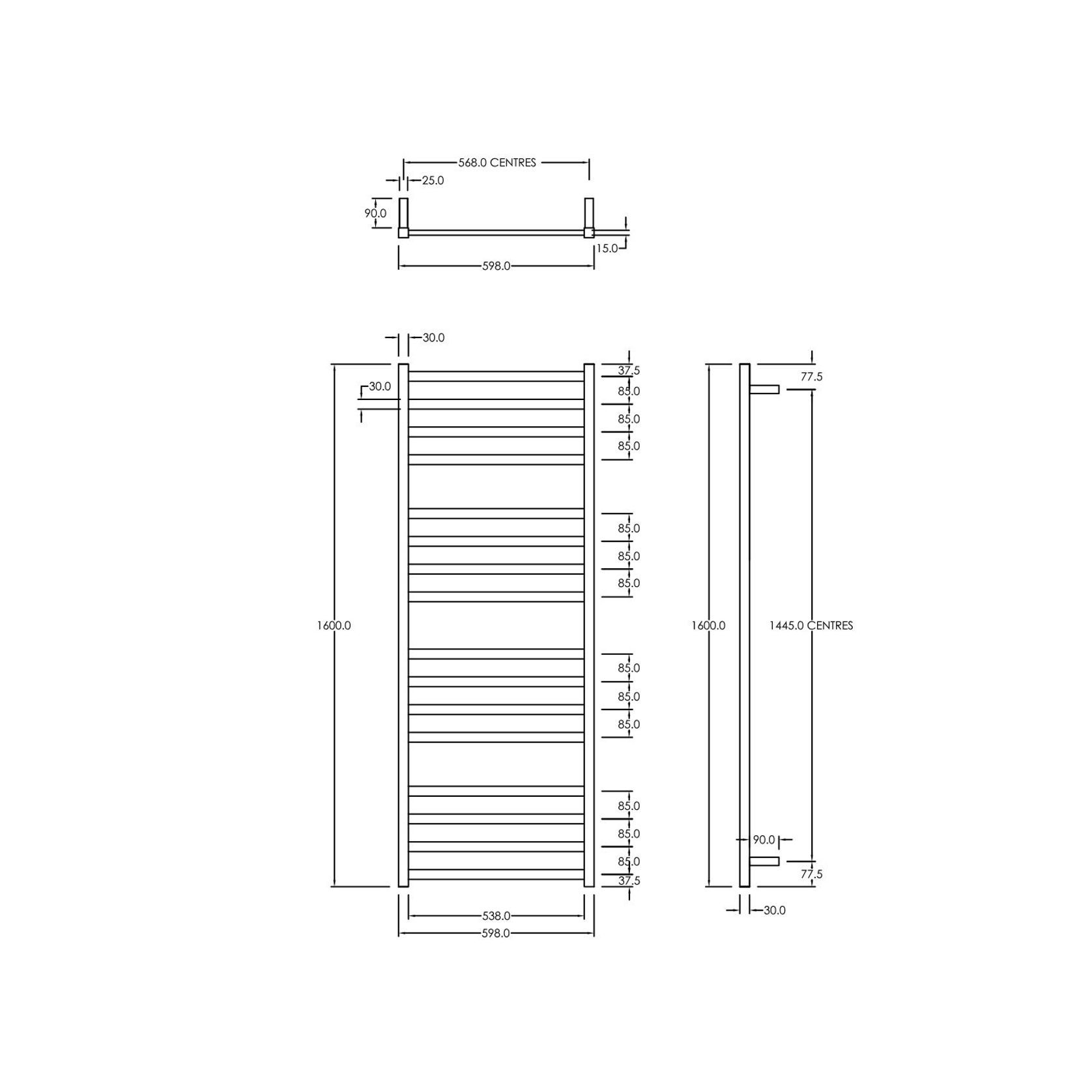 Square Towel Rail 240V 1600 x 600mm Satin Black gallery detail image