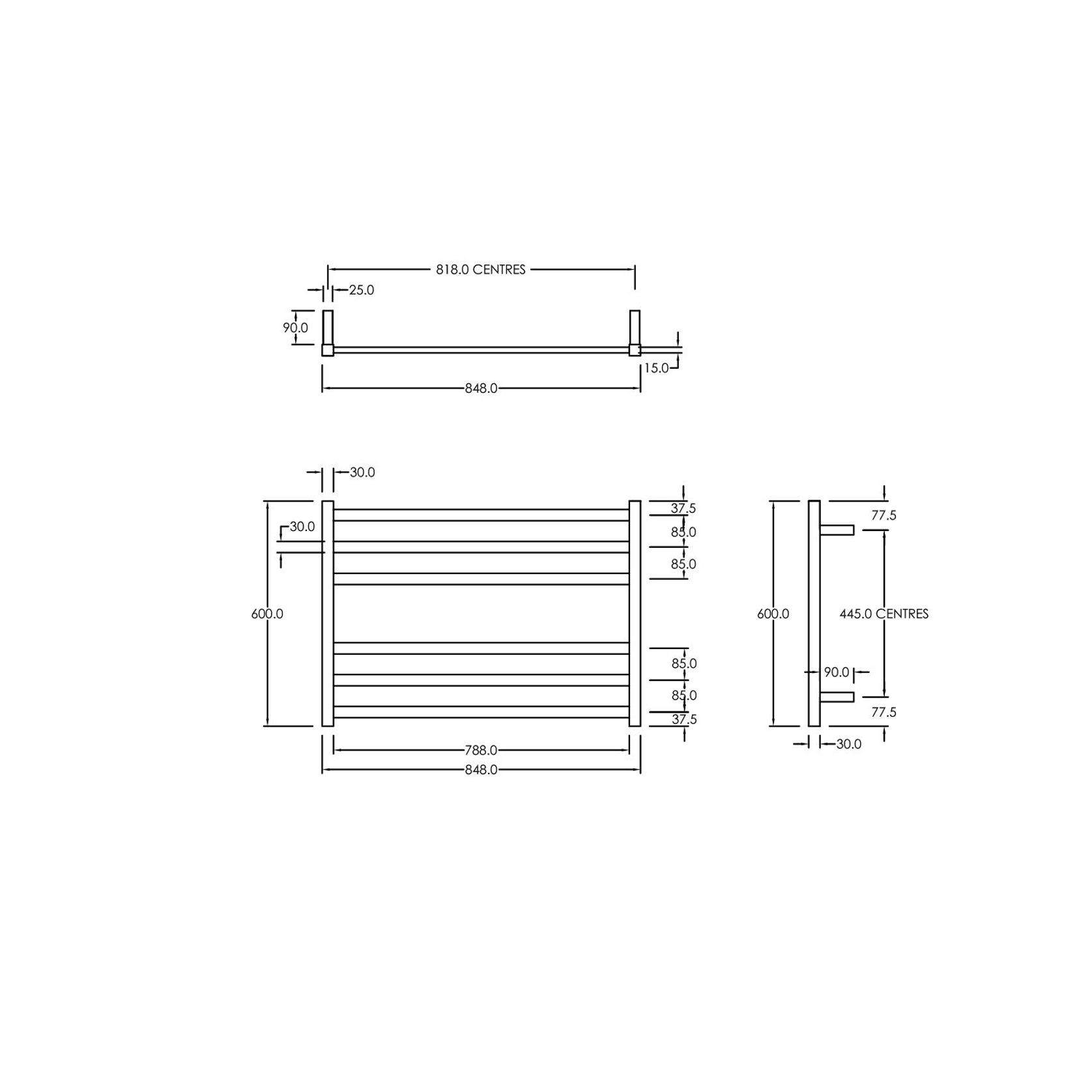 Square Towel Rail 240V 600 x 850mm Satin Black gallery detail image