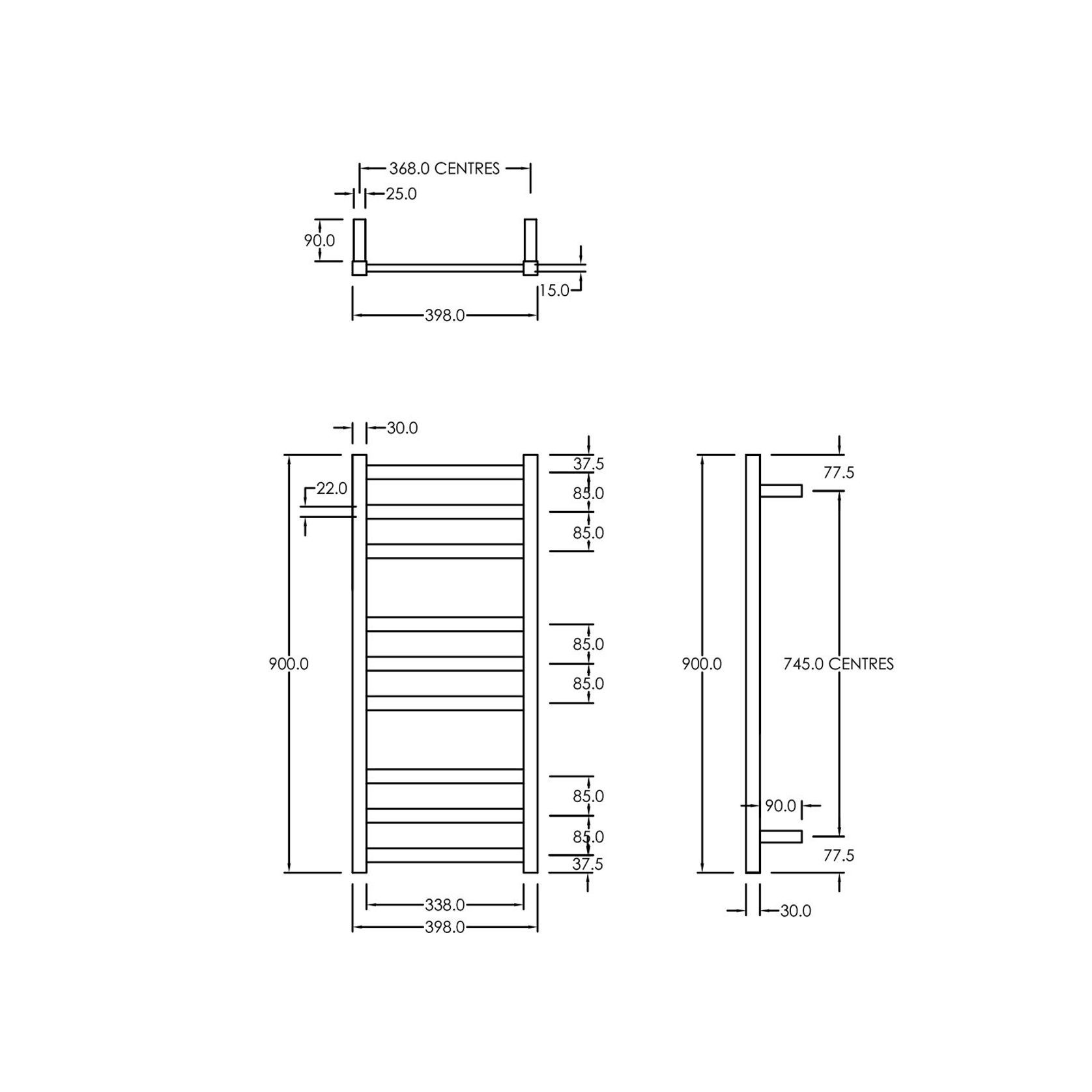 Square Towel Rail 240V 900 x 400mm Satin Black gallery detail image