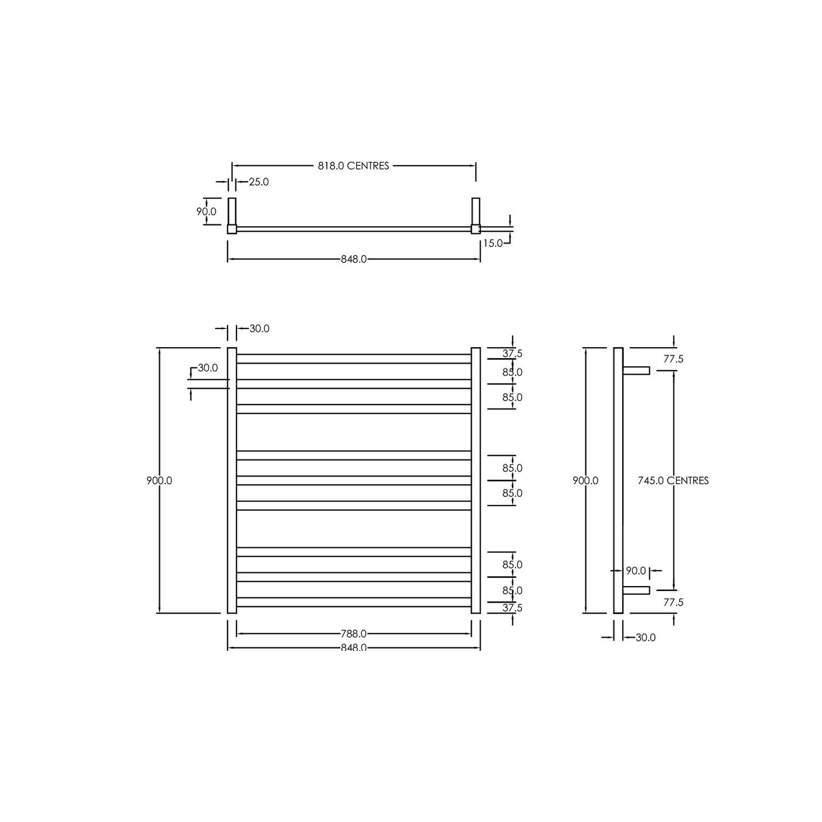 Square Towel Rail 240V 900 x 850mm Satin Black gallery detail image