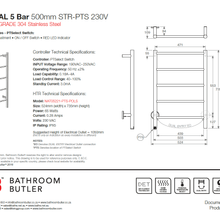NATURAL 5 Bar 500mm Straight Heated Towel Rail with PTSelect Switch gallery detail image