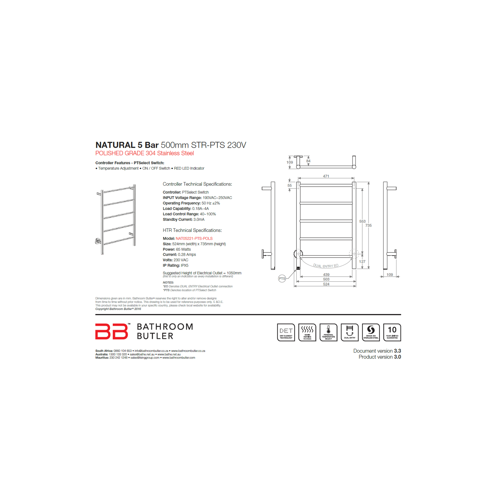 NATURAL 5 Bar 500mm Straight Heated Towel Rail with PTSelect Switch gallery detail image
