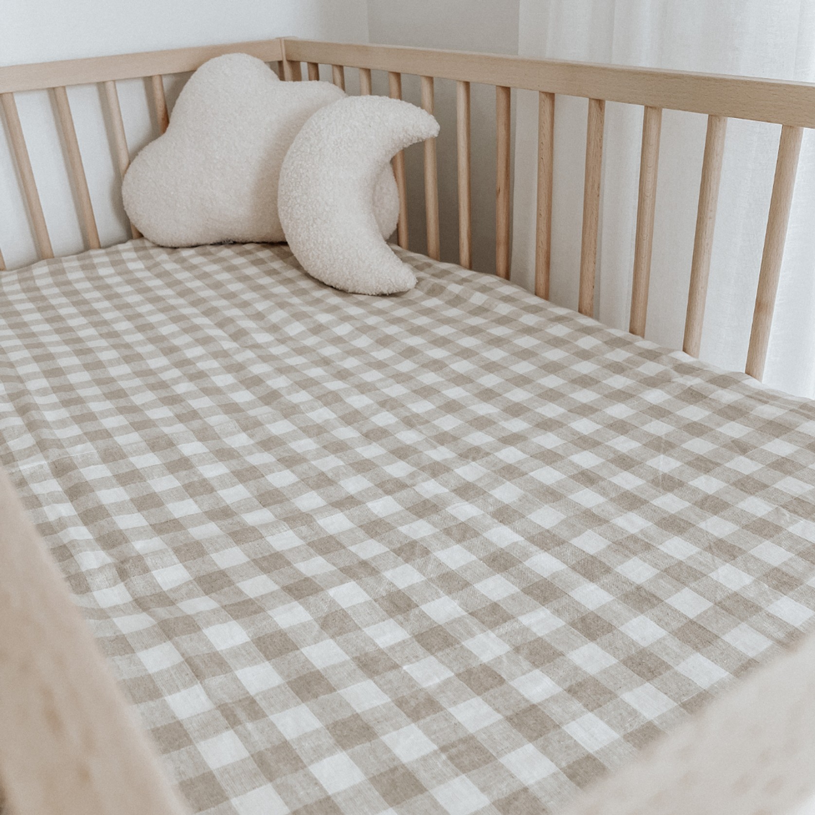 100% French Flax Linen Fitted Cot sheet- Natural Gingham gallery detail image