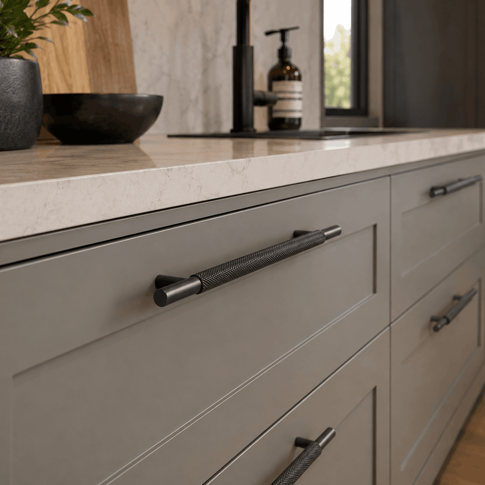 Kitchen Knurled cabinet handles gunmetal grey Bondi gallery detail image