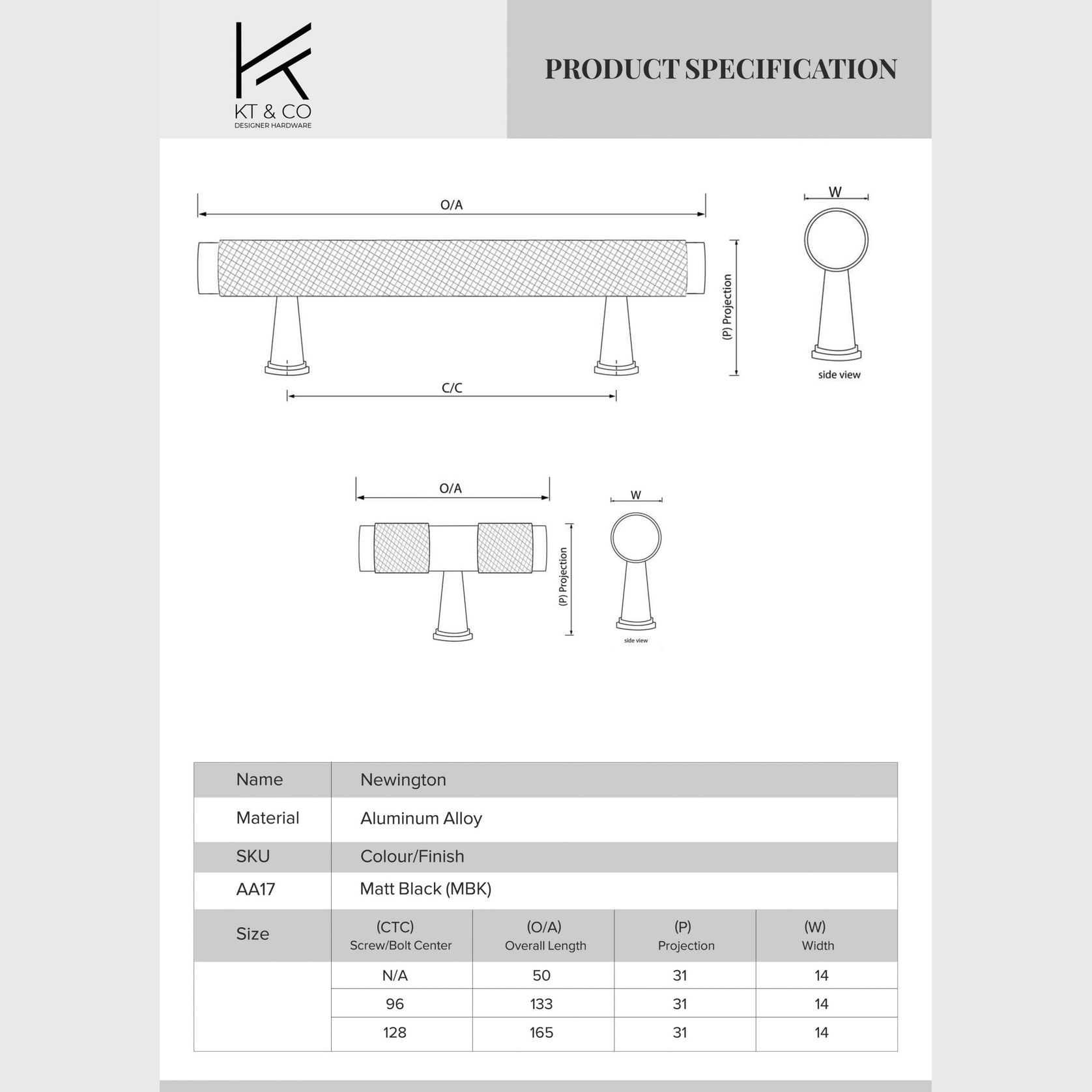 Newington Matt Black Knurled T-Bar Handles gallery detail image