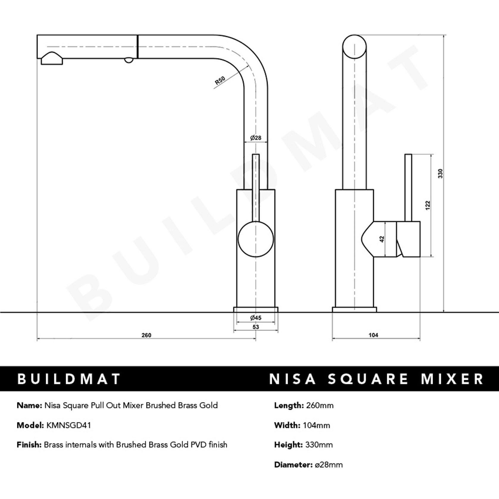 Nisa Square Pull Out Mixer Brushed Brass Gold gallery detail image