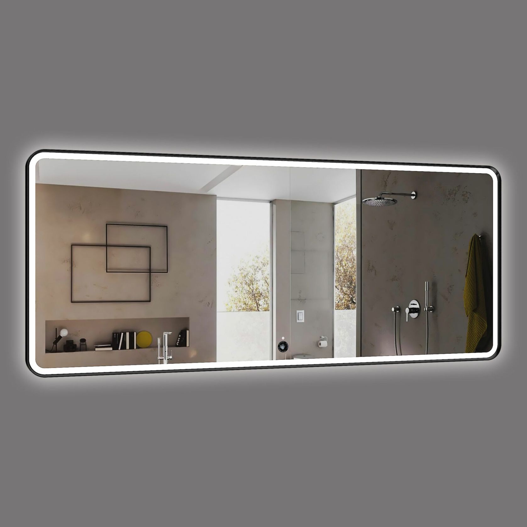 Black Metal Framed Rectangle LED & Demister Mirror 1800 gallery detail image