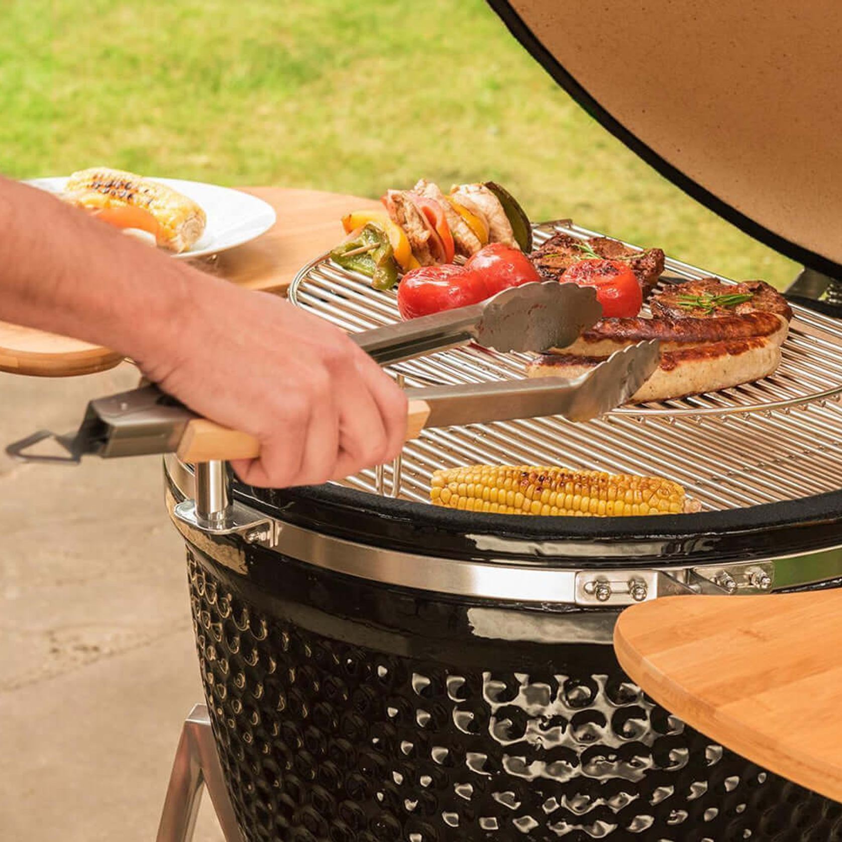 21-Inch Kamado Ceramic Charcoal Grill With Silver Rolling Cart gallery detail image