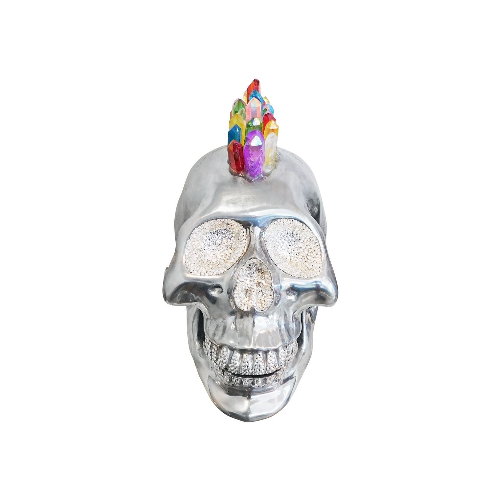 Aluminium Skull Art Sculpture with Crystal and Quartz Stone - Rainbow Mohawk gallery detail image