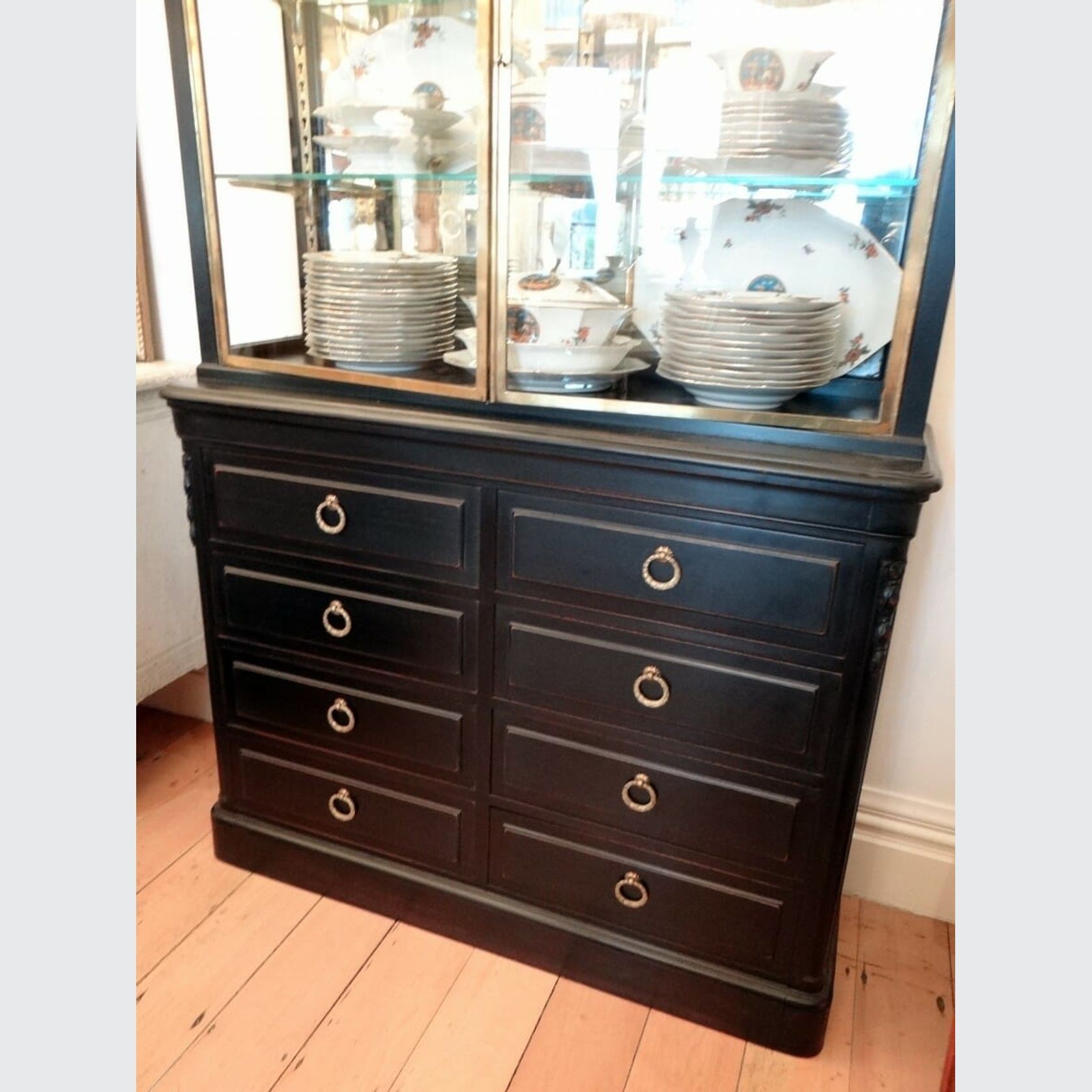 Antique Ebonised Vitrine With Brass And Glass Shelves gallery detail image