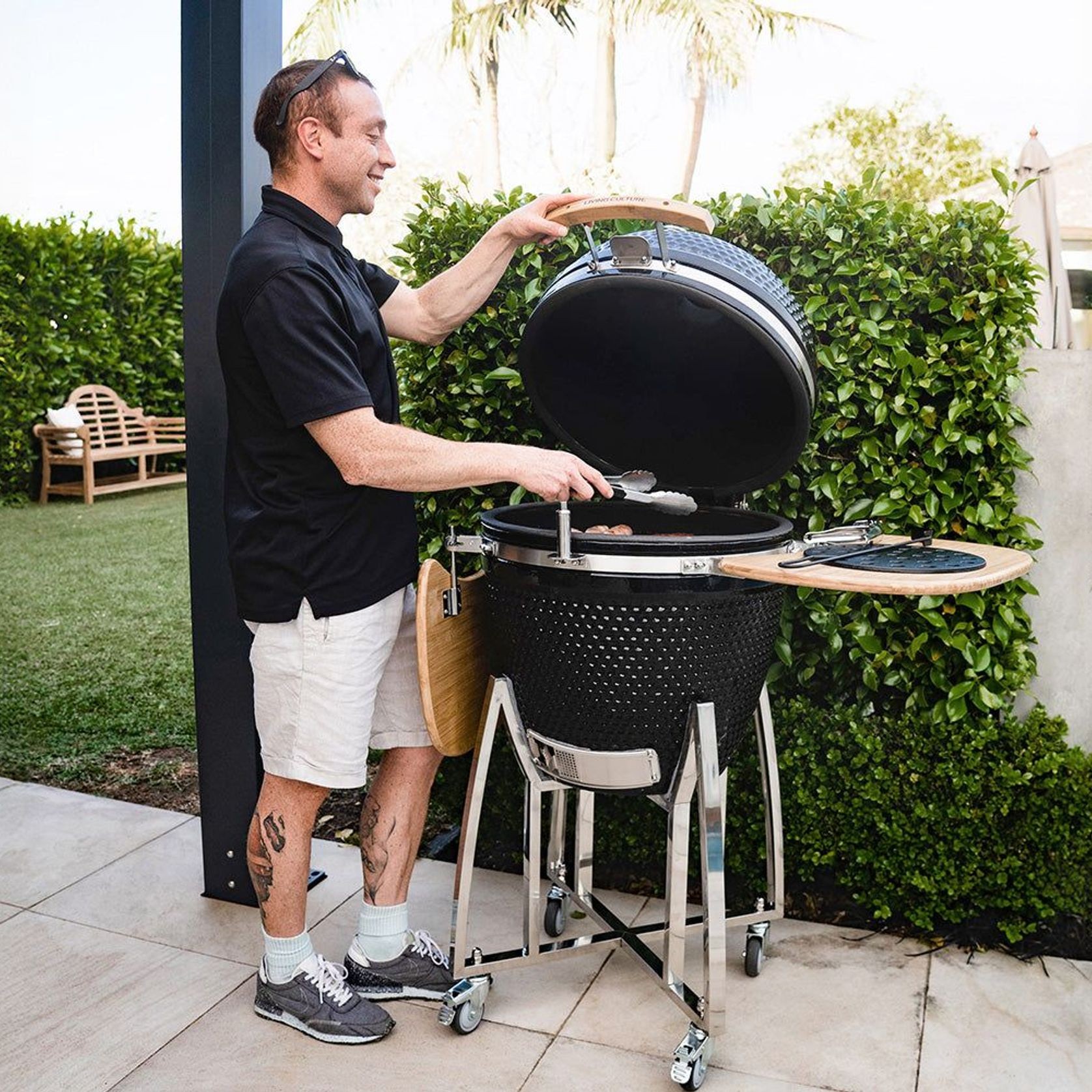 21-Inch Kamado Ceramic Charcoal Grill With Silver Rolling Cart gallery detail image