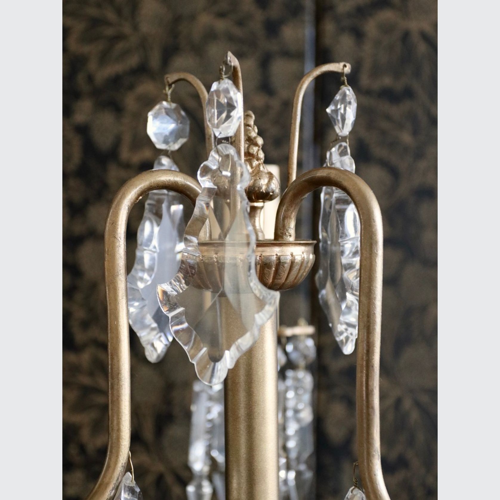 Pair Of Lead Crystal And Brass three Arm Lamps gallery detail image