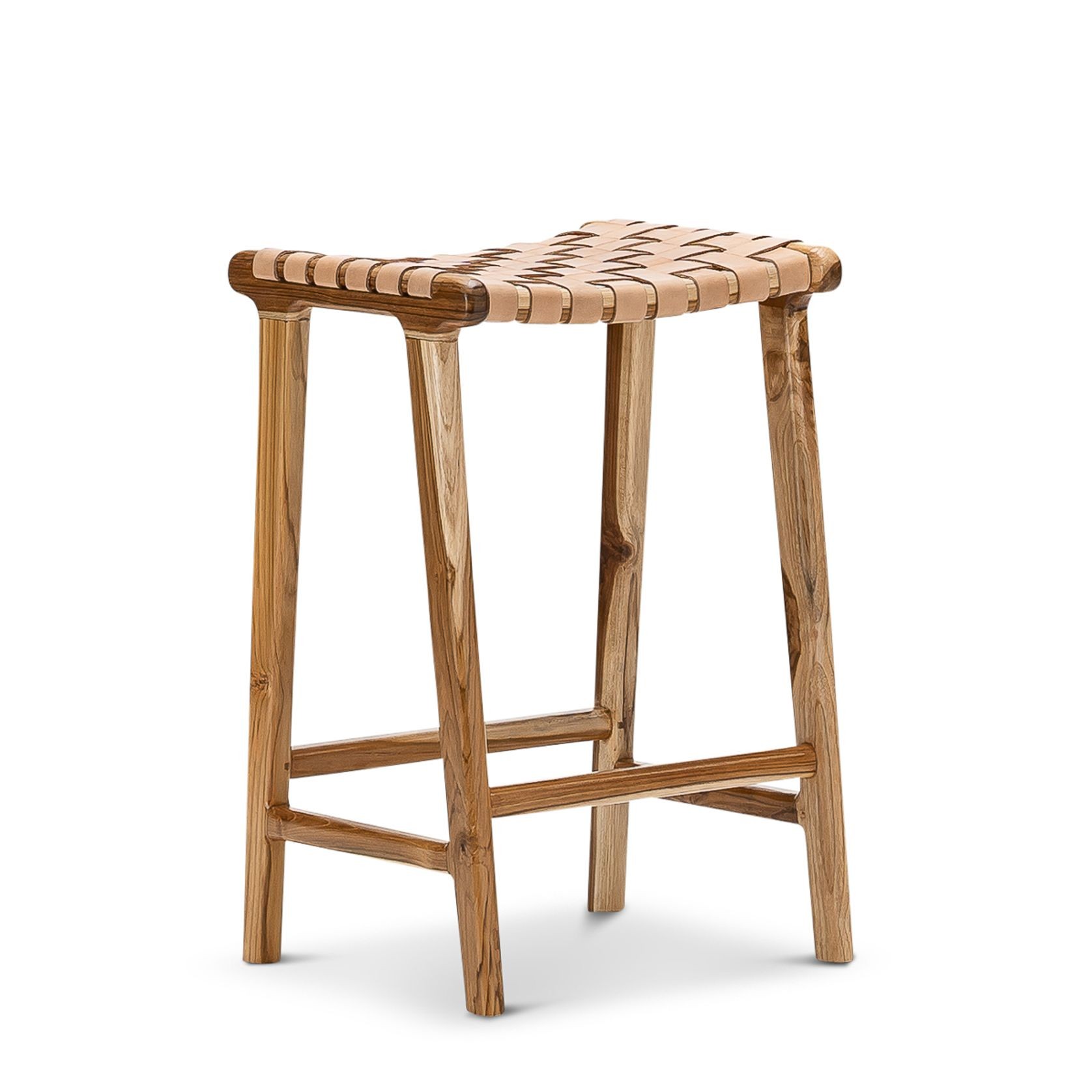 Lazie Leather Strapping Bar Stool | 66cm | Teak & Natural Tan gallery detail image